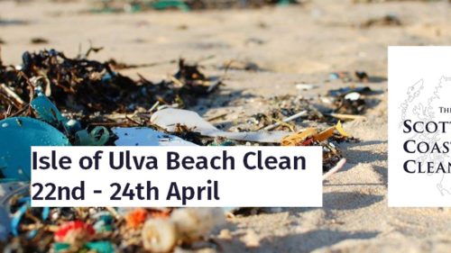 Isle of Ulva Beach with rubbish and infor