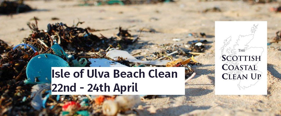 Isle of Ulva Beach with rubbish and infor